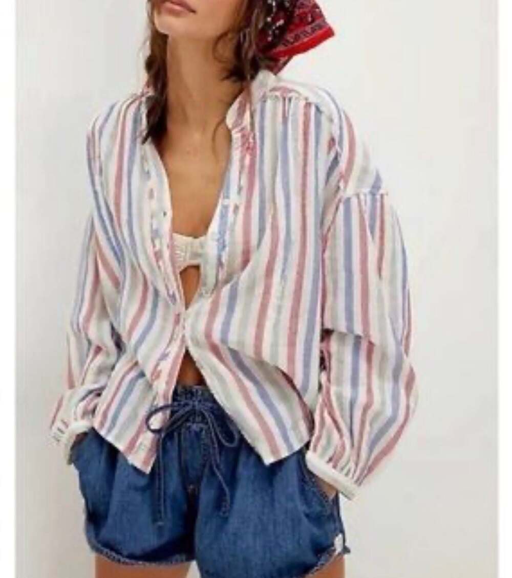 Free People Valley Double Cloth Striped Shirt Red White Blue S